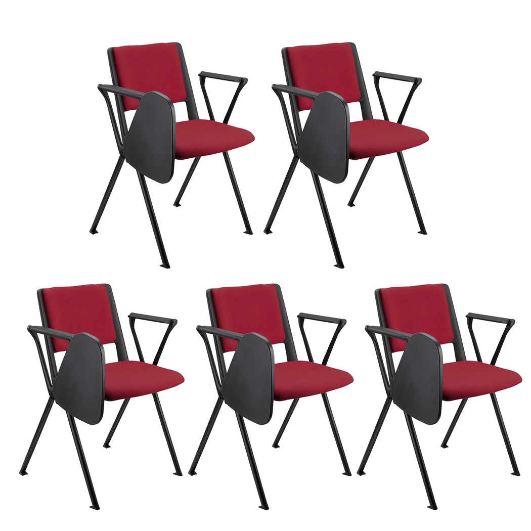 Sæt Med 5 Konferencestole CARINA MED BORD, Stabelbare, Tilkoblingskroge, Sorte Ben, I Bordeaux Stof