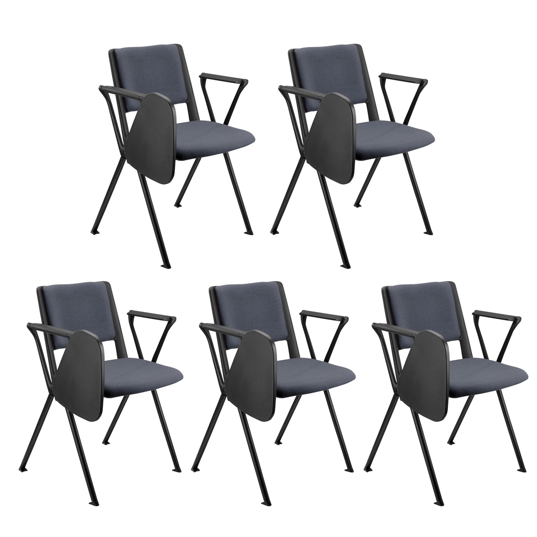 Sæt Med 5 Konferencestole CARINA MED BORD, Stabelbare, Tilkoblingskroge, Sorte Ben, I Grå Stof