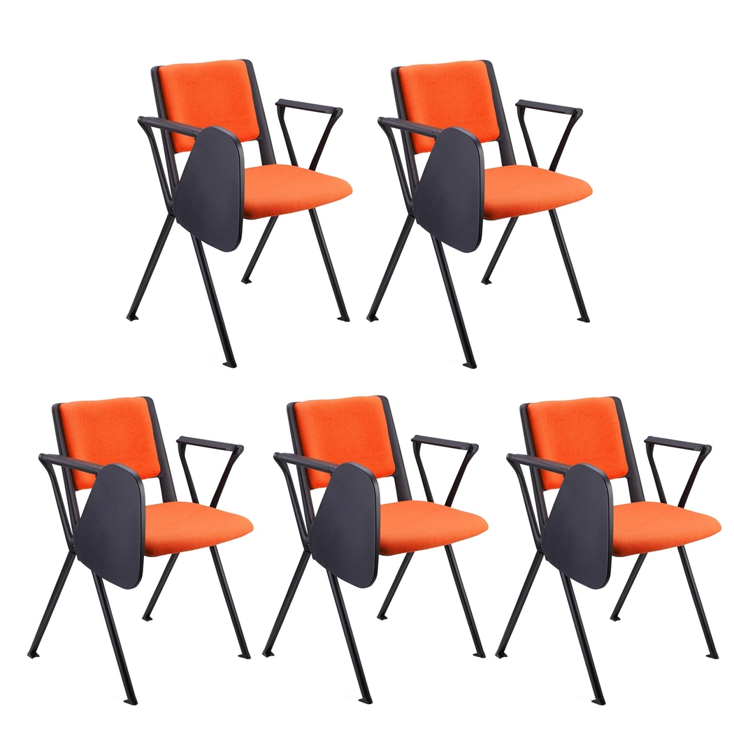Sæt Med 5 Konferencestole CARINA MED BORD, Stabelbare, Tilkoblingskroge, Sorte Ben, I Orange Stof