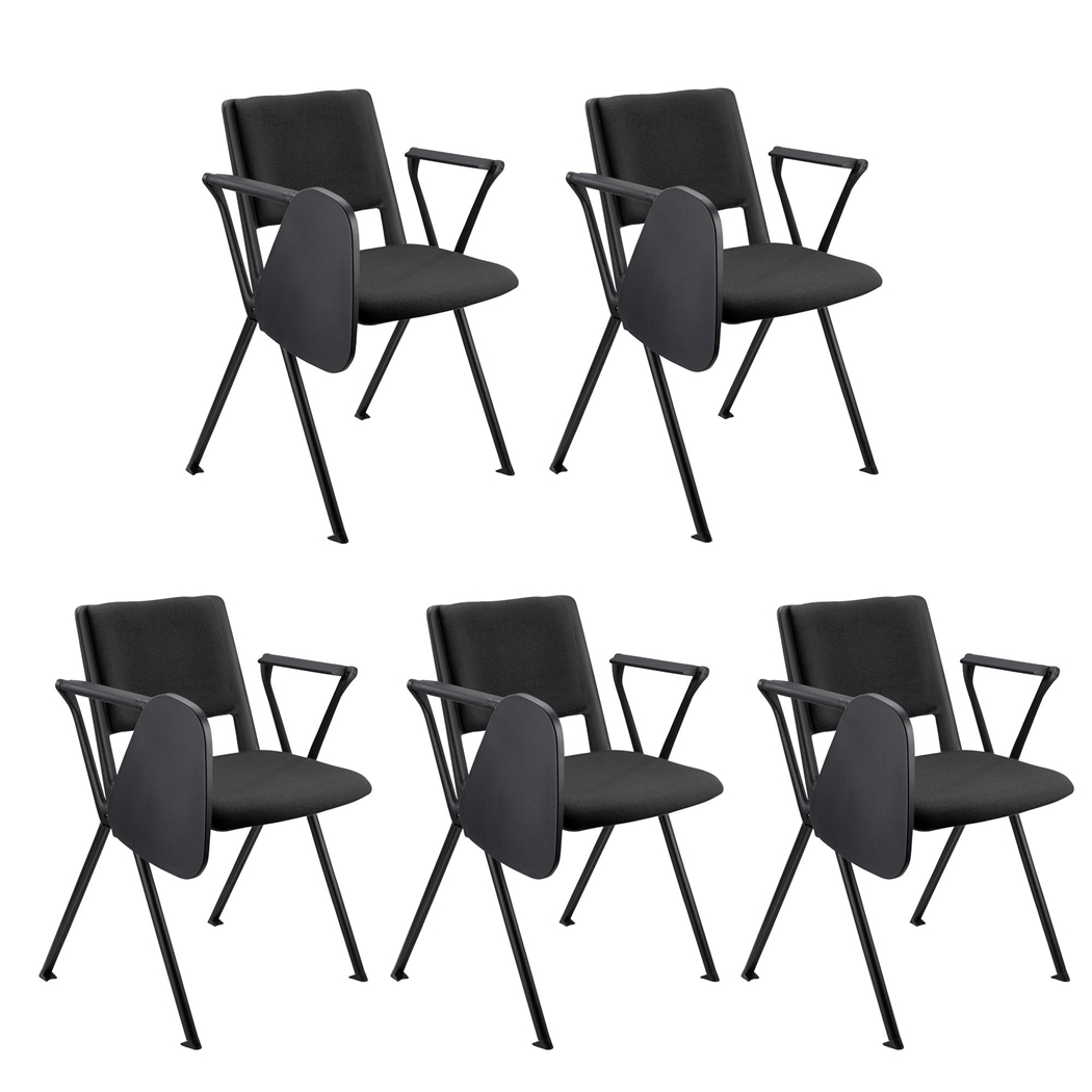 Sæt Med 5 Konferencestole CARINA MED BORD, Stabelbare, Tilkoblingskroge, Sorte Ben, I Sort Stof