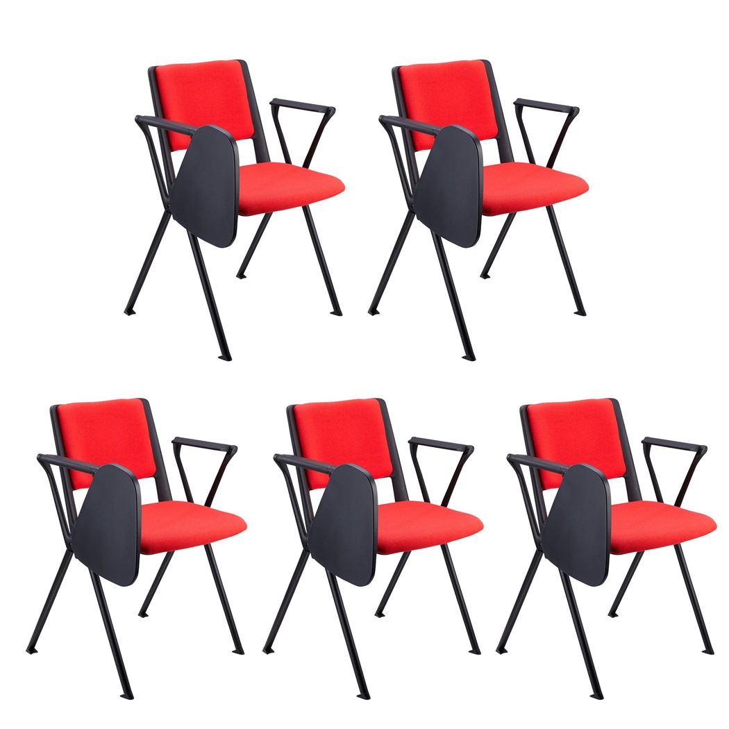Sæt Med 5 Konferencestole CARINA MED BORD, Stabelbare, Tilkoblingskroge, Sorte Ben, I Rød Stof