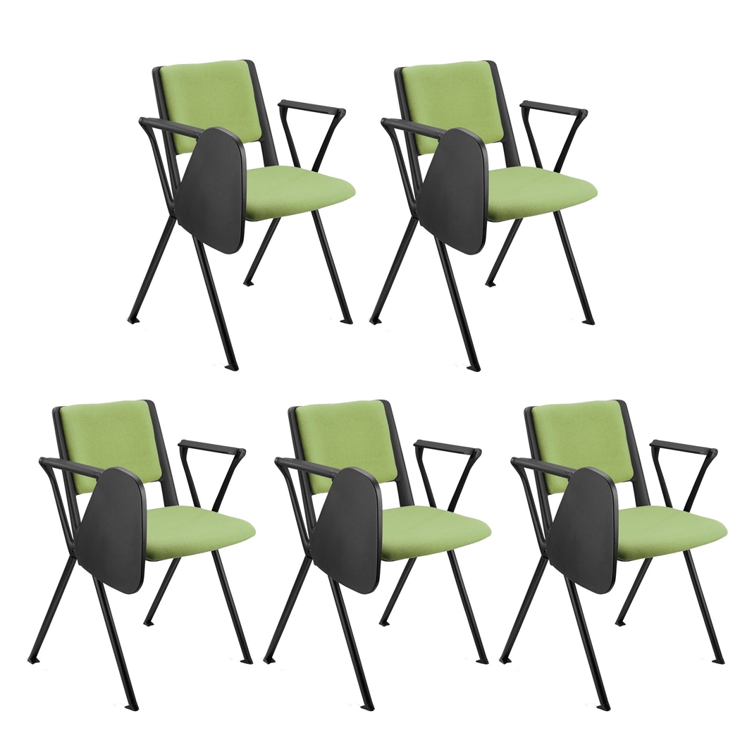 Sæt Med 5 Konferencestole CARINA MED BORD, Stabelbare, Tilkoblingskroge, Sorte Ben, I Grønt Stof