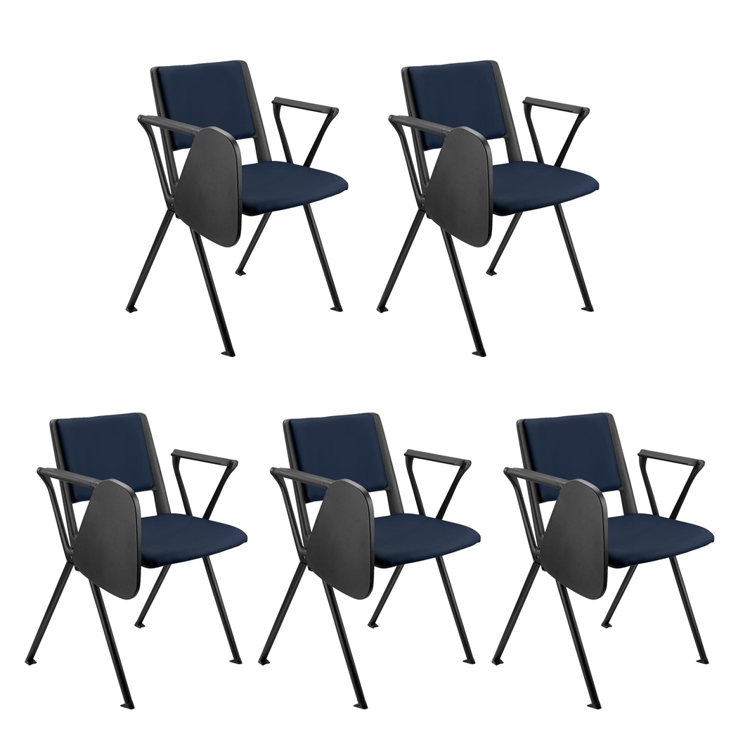 Sæt Med 5 Konferencestole CARINA MED BORD, Stabelbare, Tilkoblingskroge, Sorte Ben, I Blå Læder