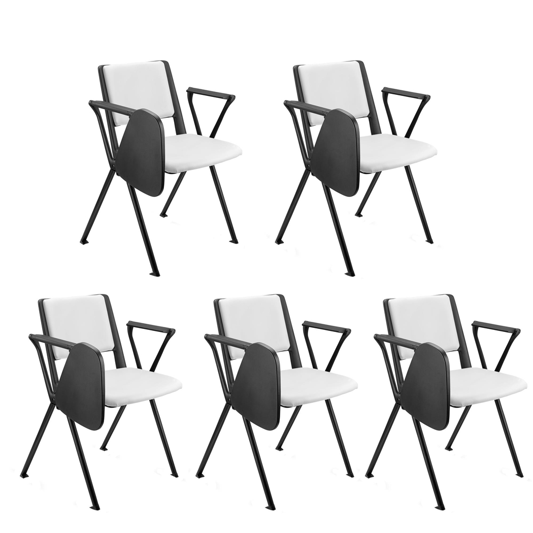 Sæt Med 5 Konferencestole CARINA MED BORD, Stabelbare, Tilkoblingskroge, Sorte Ben, I Hvidt Læder