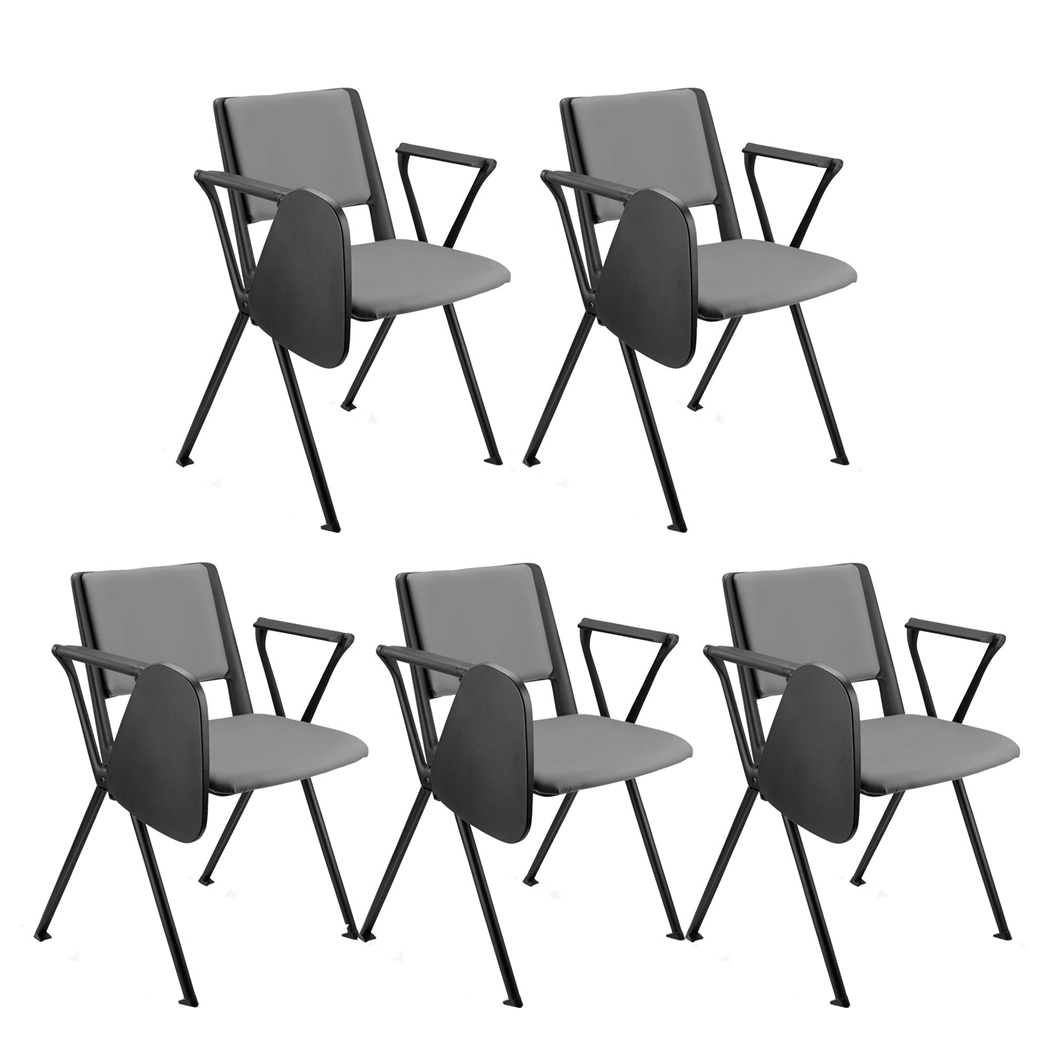 Sæt Med 5 Konferencestole CARINA MED BORD, Stabelbare, Tilkoblingskroge, Sorte Ben, I Grå Læder