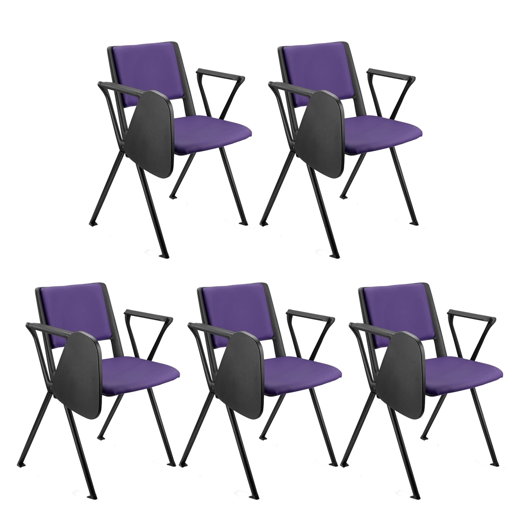 Sæt Med 5 Konferencestole CARINA MED BORD, Stabelbare, Tilkoblingskroge, Sorte Ben, I Lilla Læder