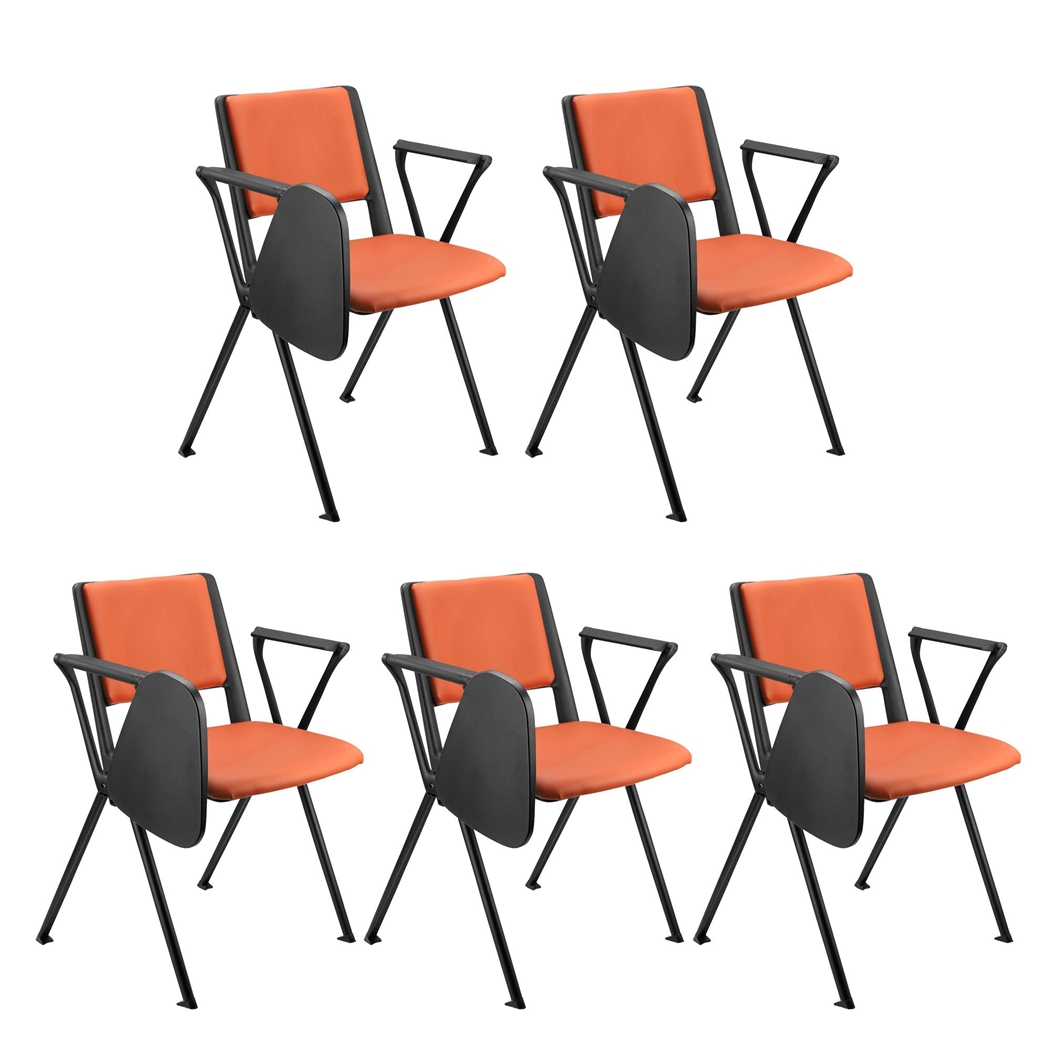 Sæt Med 5 Konferencestole CARINA MED BORD, Stabelbare, Tilkoblingskroge, Sorte Ben, I Orange Læder