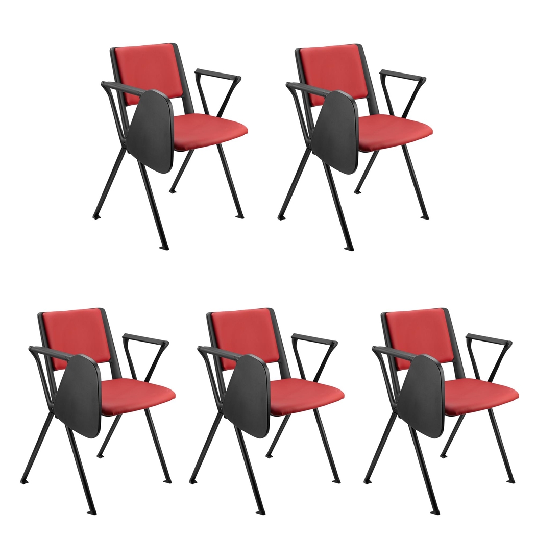 Sæt Med 5 Konferencestole CARINA MED BORD, Stabelbare, Tilkoblingskroge, Sorte Ben, I Rød Læder