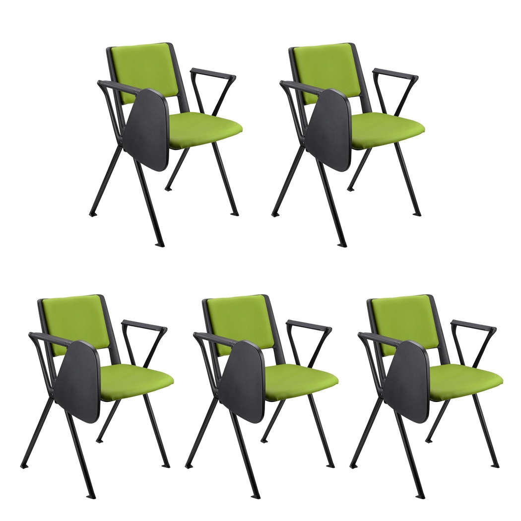 Sæt Med 5 Konferencestole CARINA MED BORD, Stabelbare, Tilkoblingskroge, Sorte Ben, I Grøn Læder