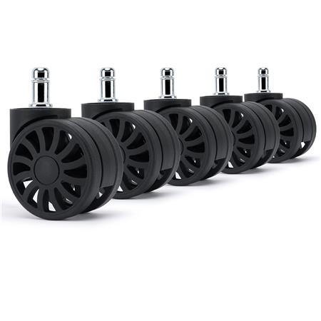 5x H3 Plastikhjul til Kontorstole, 11 mm Stift / 60 mm Hjul, til Tæpper og Gulvtæpper, Dekorative Eger, Sort