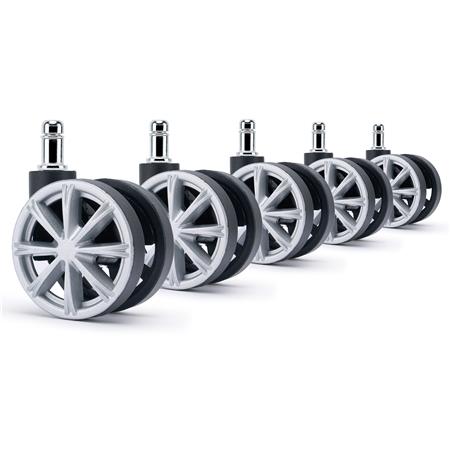5x H4 Plastikhjul til Kontorstole, 11 mm Stift / 60 mm Hjul, til Tæpper og Gulvtæpper, Dekorative Eger, Sort/Grå