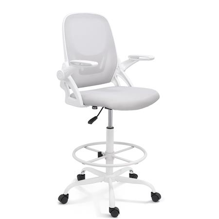 Arbejdskammel GEAR med Mesh Ryglæn, Klapbare Armlæn og Justerbar Fodstøtte, Grå