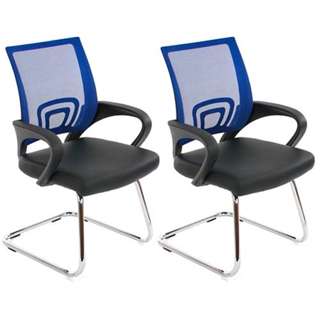 Sæt Med 2 Ergonomiske Konferencestole SEUL NET, Meget Komfortable, I Net Og Blåt Læder