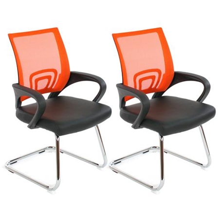 Sæt Med 2 Ergonomiske Konferencestole SEUL NET, Meget Komfortable, I Net Og Orange Læder