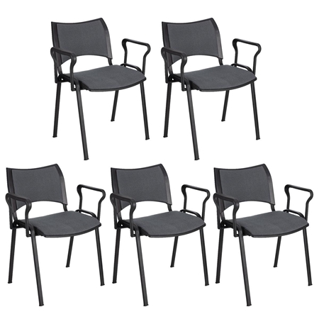 Sæt med 5 Konferencestole ROMEL MED ARMLÆN, Behageligt Polstrede, Stabelbare, Sorte Ben, I Gråt Stof