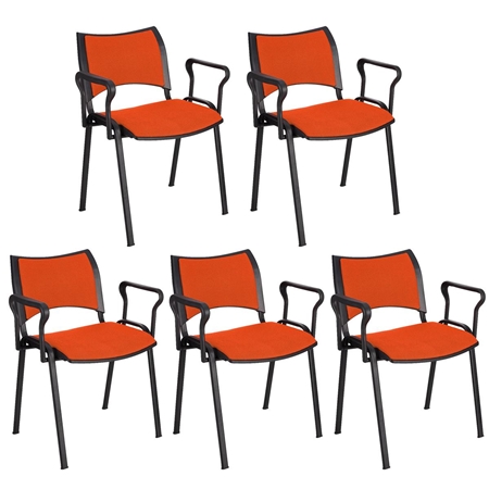 Sæt med 5 Konferencestole ROMEL MED ARMLÆN, Behageligt Polstrede, Stabelbare, Sorte Ben, I Orange Stof