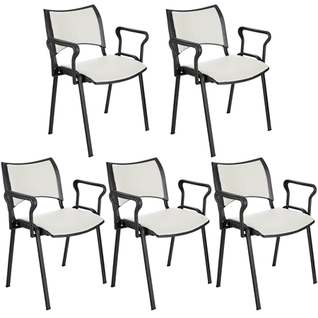 Sæt med 5 Konferencestole ROMEL MED ARMLÆN LÆDER, Behageligt Polstrede, Stabelbare, Sorte Ben, I Hvid