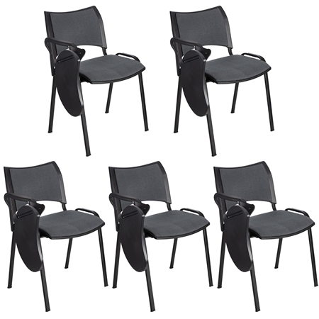 Sæt med 5 Konferencestole ROMEL MED BORD, Behageligt Polstrede, Stabelbare, Sorte Ben, I Gråt Stof
