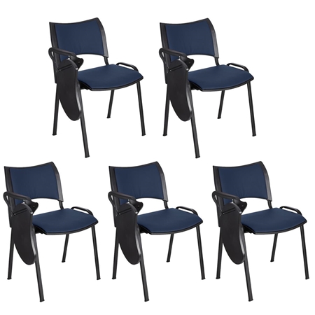 Sæt med 5 Konferencestole ROMEL MED BORD LÆDER, Behageligt Polstrede, Stabelbare, Sorte Ben, I Blå