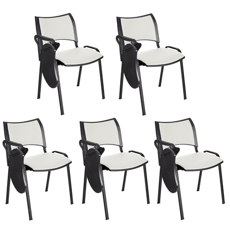Sæt med 5 Konferencestole ROMEL MED BORD LÆDER, Behageligt Polstrede, Stabelbare, Sorte Ben, I Hvidt Stof