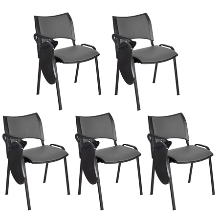 Sæt med 5 Konferencestole ROMEL MED BORD LÆDER, Behageligt Polstrede, Stabelbare, Sorte Ben, I Grå