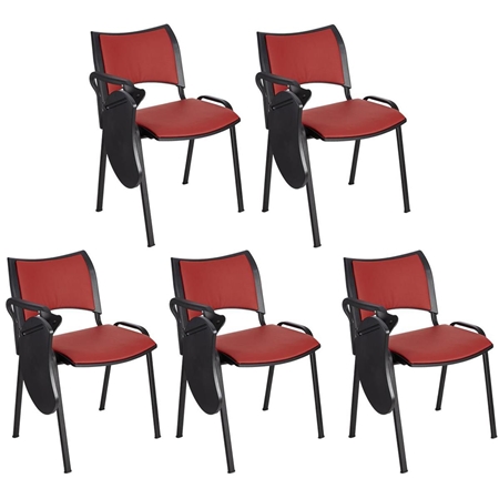 Sæt med 5 Konferencestole ROMEL MED BORD LÆDER, Behageligt Polstrede, Stabelbare, Sorte Ben, I Rød