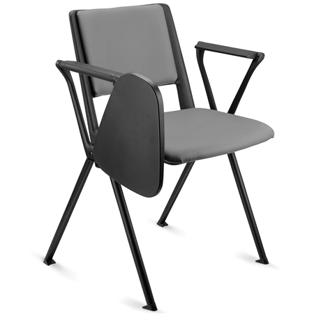 Konferencestol CARINA MED BORD, Stabelbar, Tilslutningskroge, Sorte Ben og Gråt Læder
