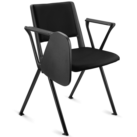 Konferencestol CARINA MED BORD, Stabelbar, Tilslutningskroge, Sorte Ben og Sort Læder