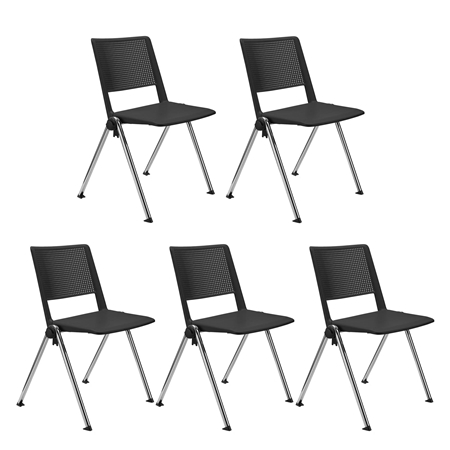 Sæt Med 5 Konferencestole CARINA, Stabelbare, Tilslutningskroge, Krombelagte Ben, Sort Farve