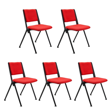 Sæt Med 5 Konferencestole CARINA, Stabelbare, Tilkoblingskroge, Sorte Ben, I Rød Stof