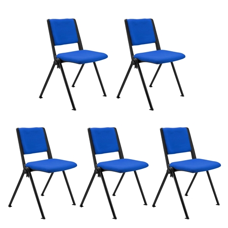 Sæt Med 5 Konferencestole CARINA, Stabelbare, Tilkoblingskroge, Sorte Ben, I Blå Stof