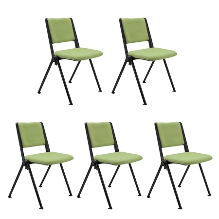 Sæt Med 5 Konferencestole CARINA, Stabelbare, Tilkoblingskroge, Sorte Ben, I Grønt Stof