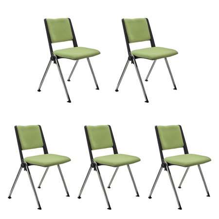 Sæt Med 5 Konferencestole CARINA, Stabelbare, Tilkoblingskroge, Krombelagte Ben, I Grønt Stof