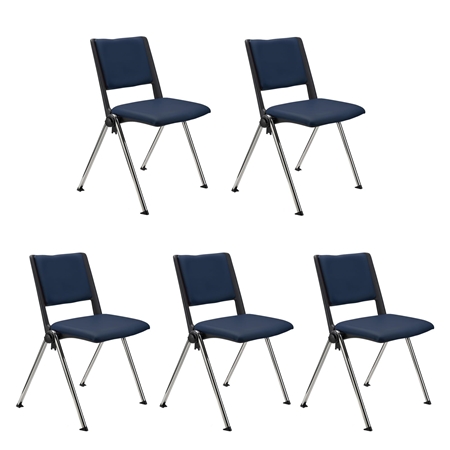 Sæt Med 5 Konferencestole CARINA, Stabelbare, Tilkoblingskroge, Krombelagte Ben, I Blå Læder