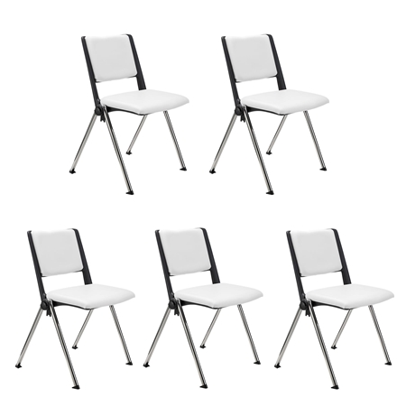 Sæt Med 5 Konferencestole CARINA, Stabelbare, Tilkoblingskroge, Krombelagte Ben, I Hvid Læder