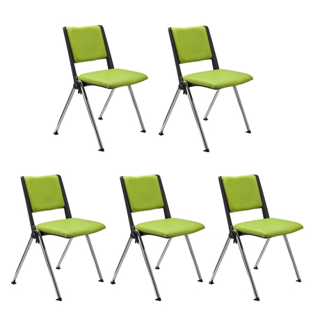 Sæt Med 5 Konferencestole CARINA, Stabelbare, Tilkoblingskroge, Krombelagte Ben, I Grøn Læder