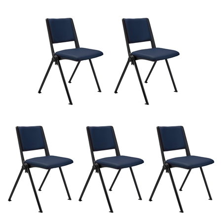 Sæt Med 5 Konferencestole CARINA, Stabelbare, Tilkoblingskroge, Sorte Ben, I Blå Læder