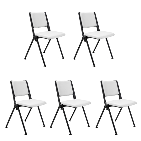 Sæt Med 5 Konferencestole CARINA, Stabelbare, Tilkoblingskroge, Sorte Ben, I Hvid Læder