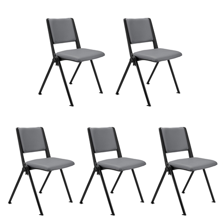 Sæt Med 5 Konferencestole CARINA, Stabelbare, Tilkoblingskroge, Sorte Ben, I Grå Læder