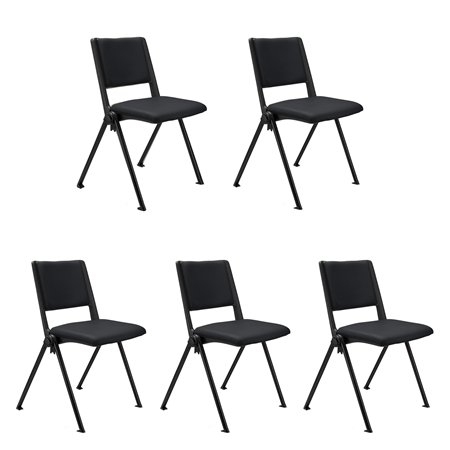 Sæt Med 5 Konferencestole CARINA, Stabelbare, Tilkoblingskroge, Sorte Ben, I Sort Læder