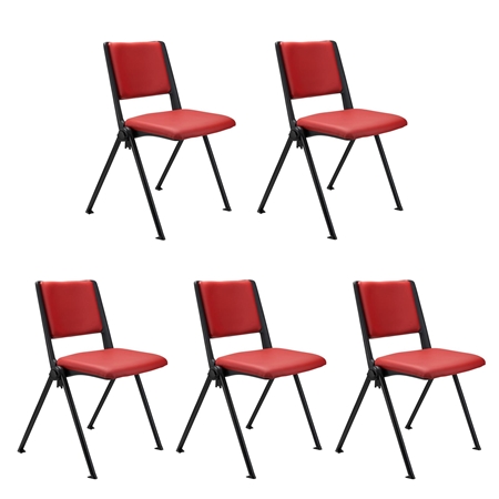 Sæt Med 5 Konferencestole CARINA, Stabelbare, Tilkoblingskroge, Sorte Ben, I Rød Læder