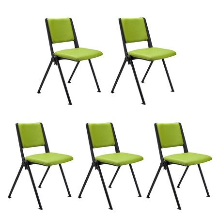 Sæt Med 5 Konferencestole CARINA, Stabelbare, Tilkoblingskroge, Sorte Ben, I Grøm Læder