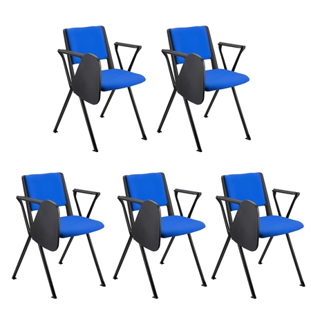 Sæt Med 5 Konferencestole CARINA MED BORD, Stabelbare, Tilkoblingskroge, Sorte Ben, I Blå Stof