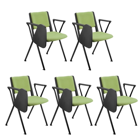Sæt Med 5 Konferencestole CARINA MED BORD, Stabelbare, Tilkoblingskroge, Sorte Ben, I Grønt Stof