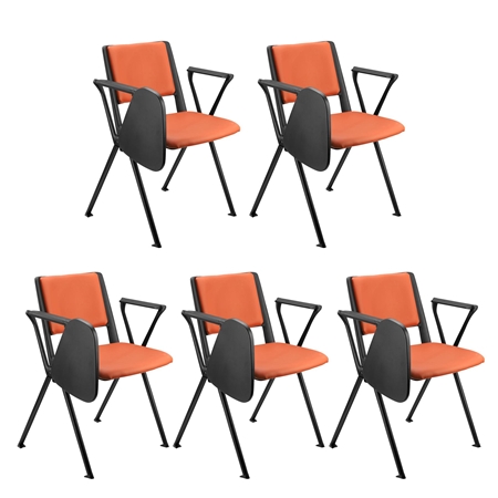 Sæt Med 5 Konferencestole CARINA MED BORD, Stabelbare, Tilkoblingskroge, Sorte Ben, I Orange Læder