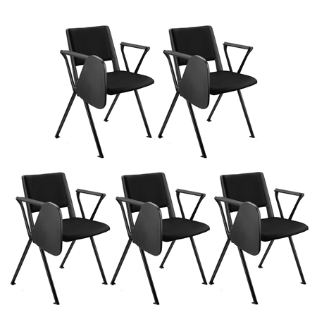 Sæt Med 5 Konferencestole CARINA MED BORD, Stabelbare, Tilkoblingskroge, Sorte Ben, I Sort Læder
