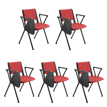 Sæt Med 5 Konferencestole CARINA MED BORD, Stabelbare, Tilkoblingskroge, Sorte Ben, I Rød Læder